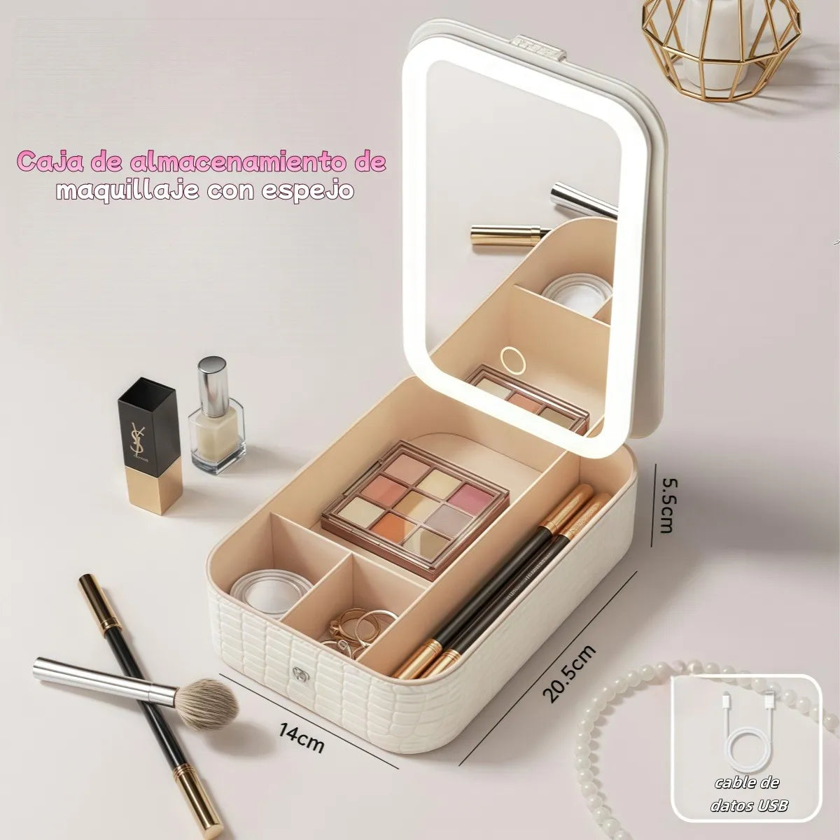 Estuche Organizador de Maquillaje con Espejo LED